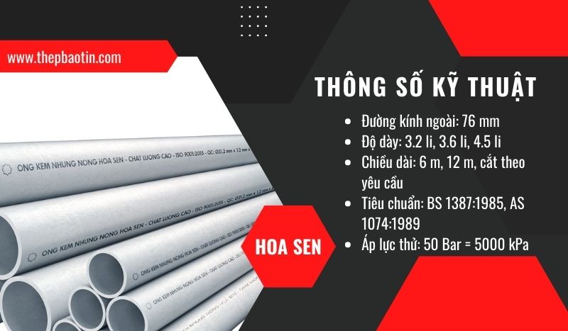 Thông số kỹ thuật ống kẽm d76