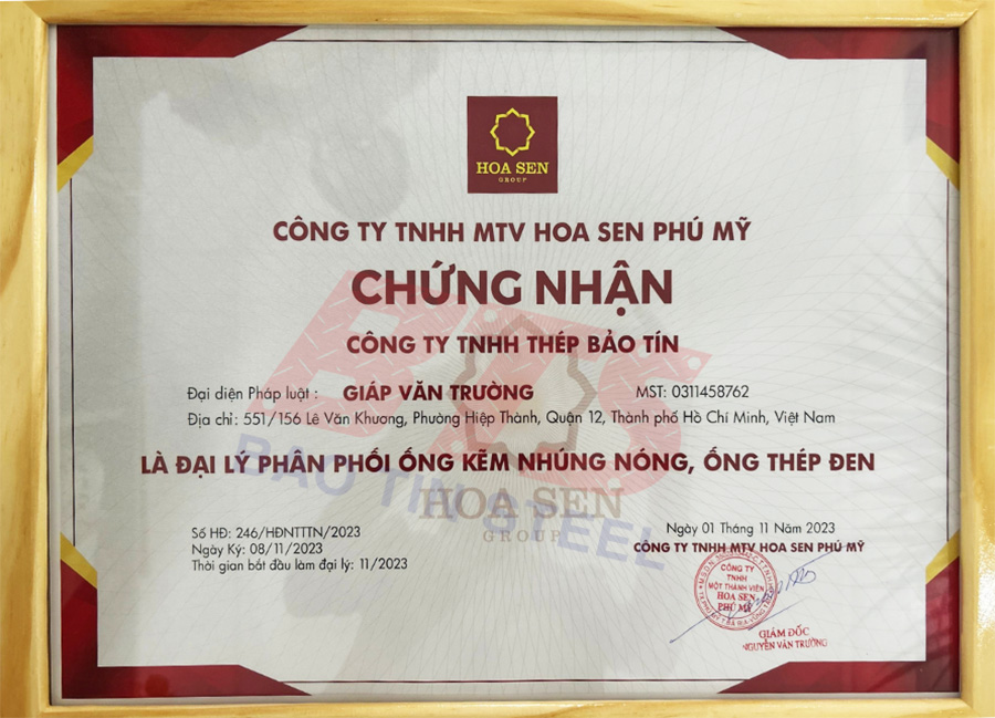 Chứng nhận Thép Bảo Tín là đại lý của Hoa Sen Chứng nhận Thép Bảo Tín là đại lý của Hoa Sen