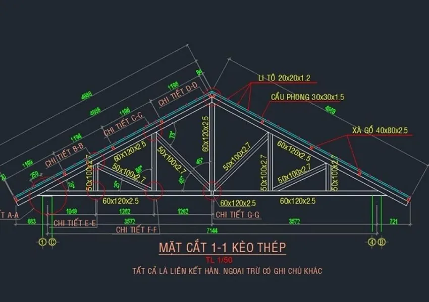 Bản vẽ vì kèo thép hộp 